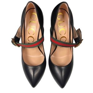 Gucci Sylvie Logo Web Stripe Mary Jane Buckle Black Leather Pumps EU 38 US 8